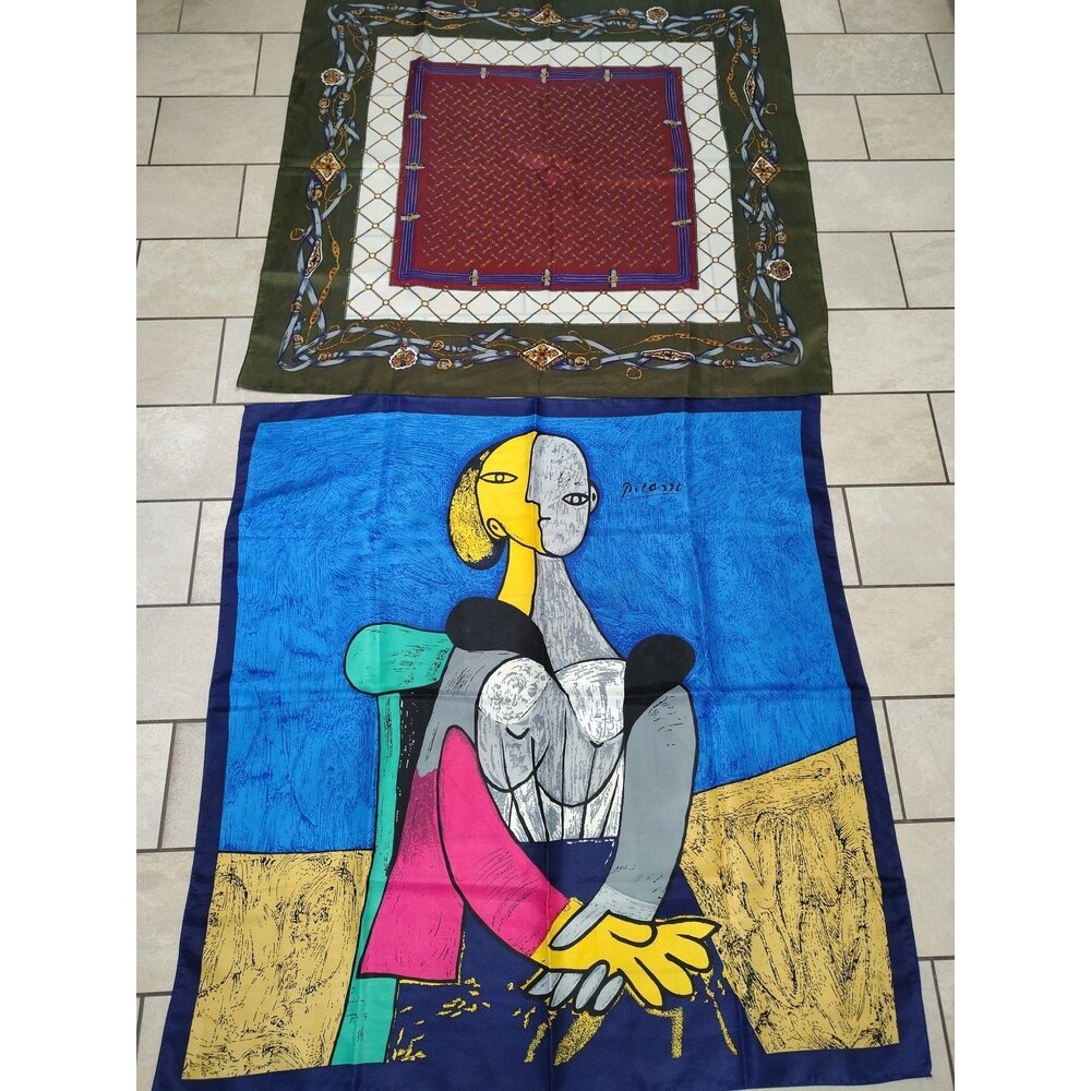 Vintage Picasso Multicolor Art Seated Woman Polyester Scarf 33.7"X33.2" Lot Of 2